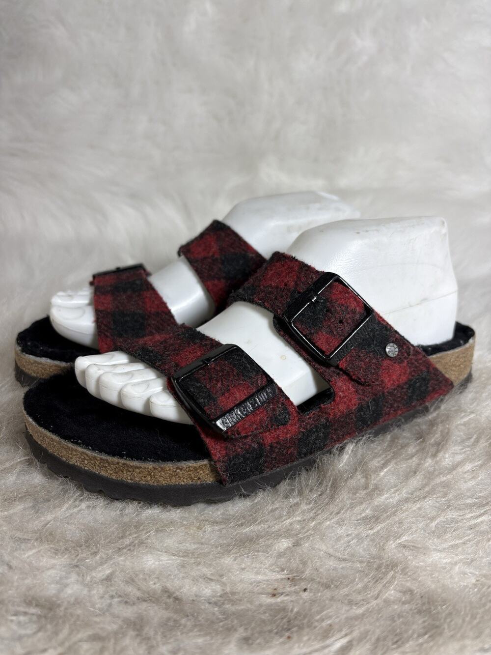 Birkenstock Arizona Shearling Womens 7 EU 38 Red Black Plaid 1018112
